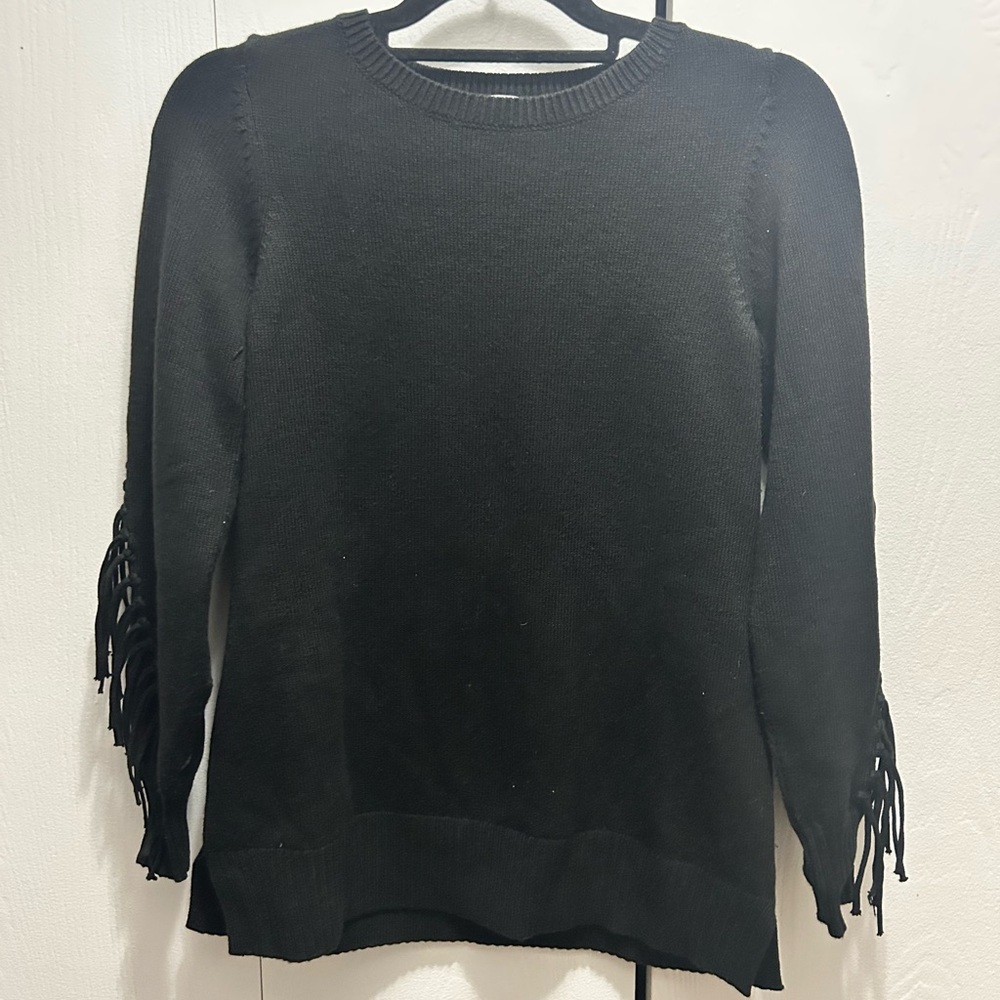 Chico's Black Ribbed Knit Crewneck Fringe Sleeve Sweater